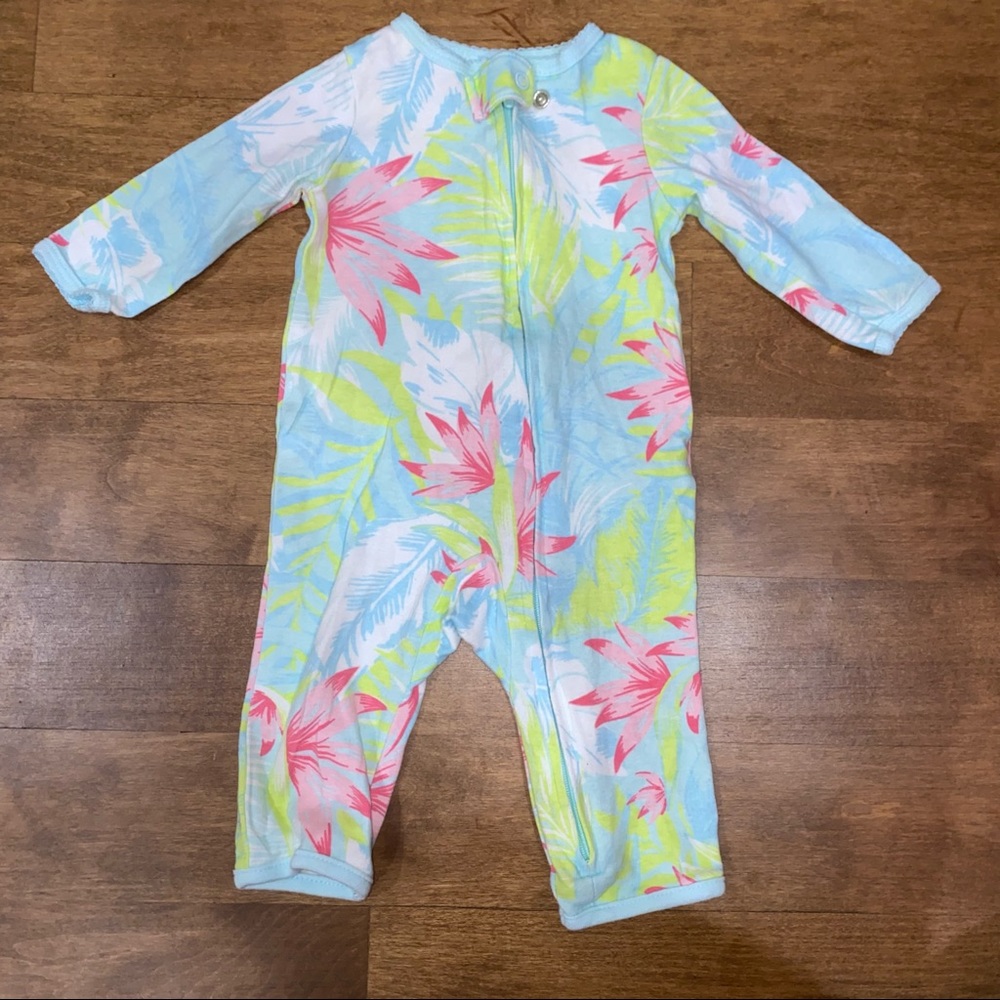 Long sleeve footless onesie full zip light blue with yellow and pink plants